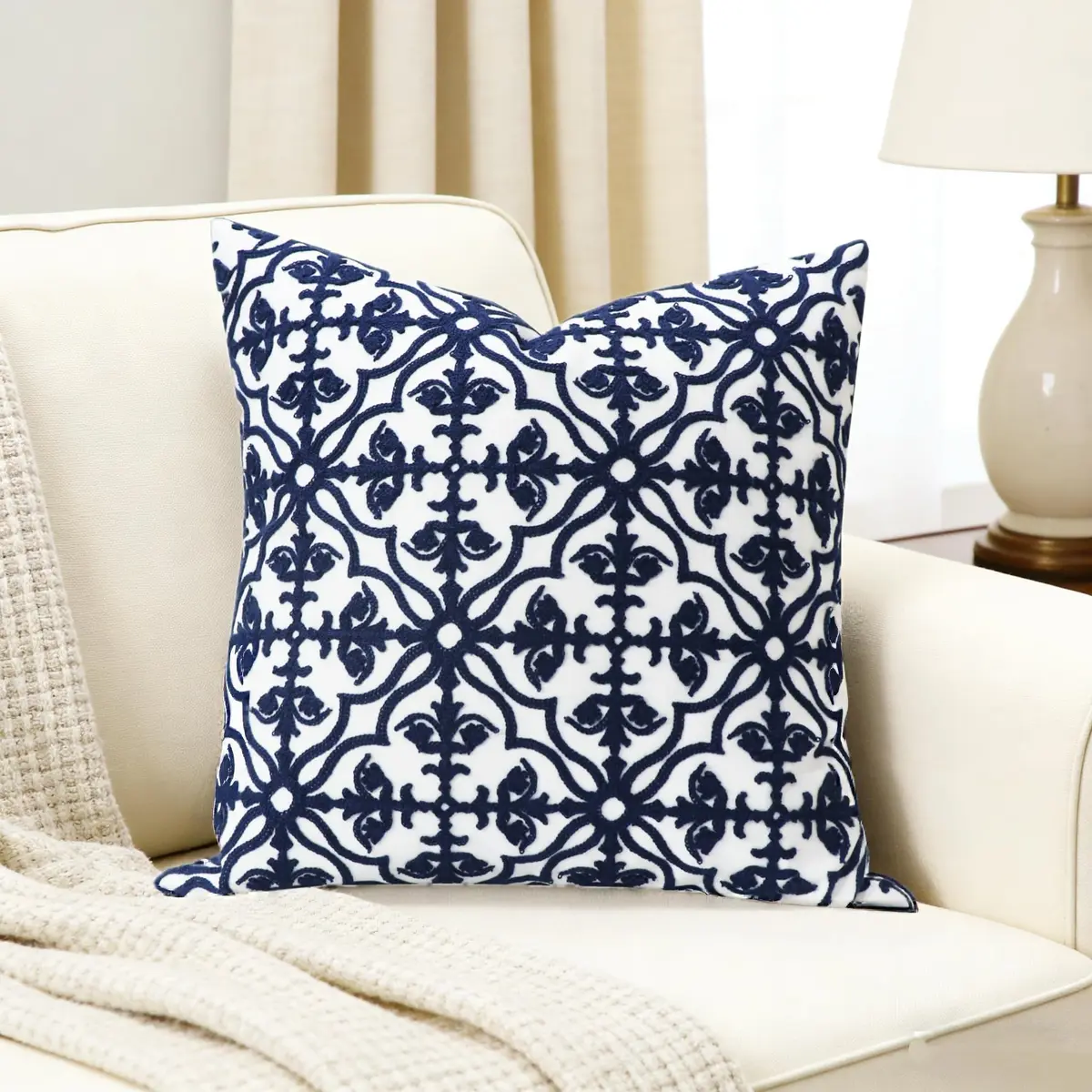 Slow Cow Embroidered Throw Pillow Cover 18 x 18 Inch Navy Blue | Intricate Embroidery, Cotton, Hidden Zipper - view 7