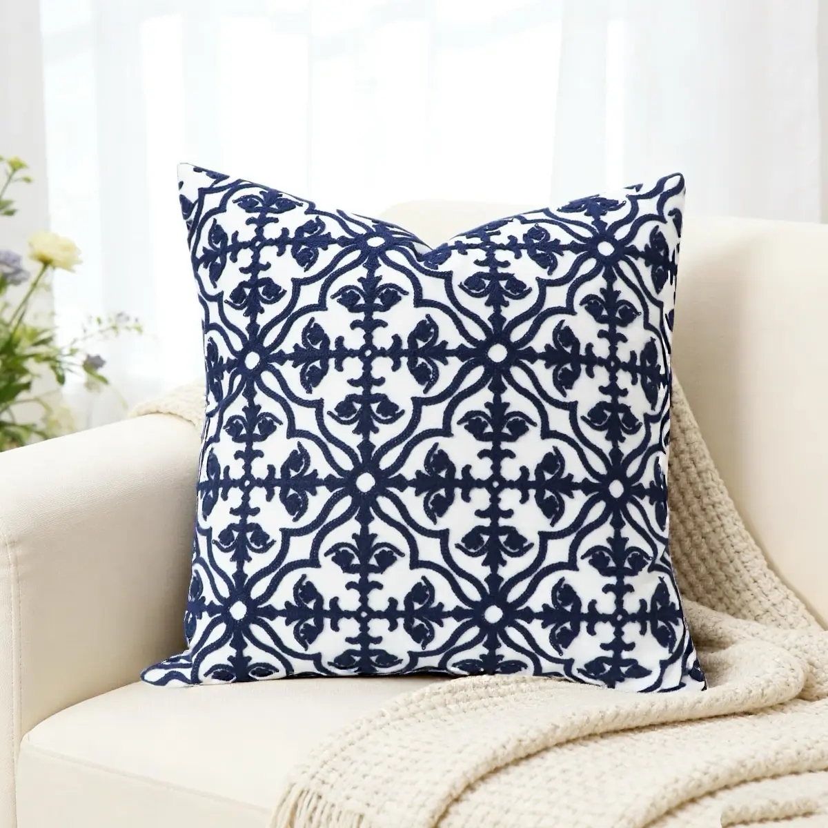 Slow Cow Embroidered Throw Pillow Cover 18 x 18 Inch Navy Blue | Intricate Embroidery, Cotton, Hidden Zipper - view 8
