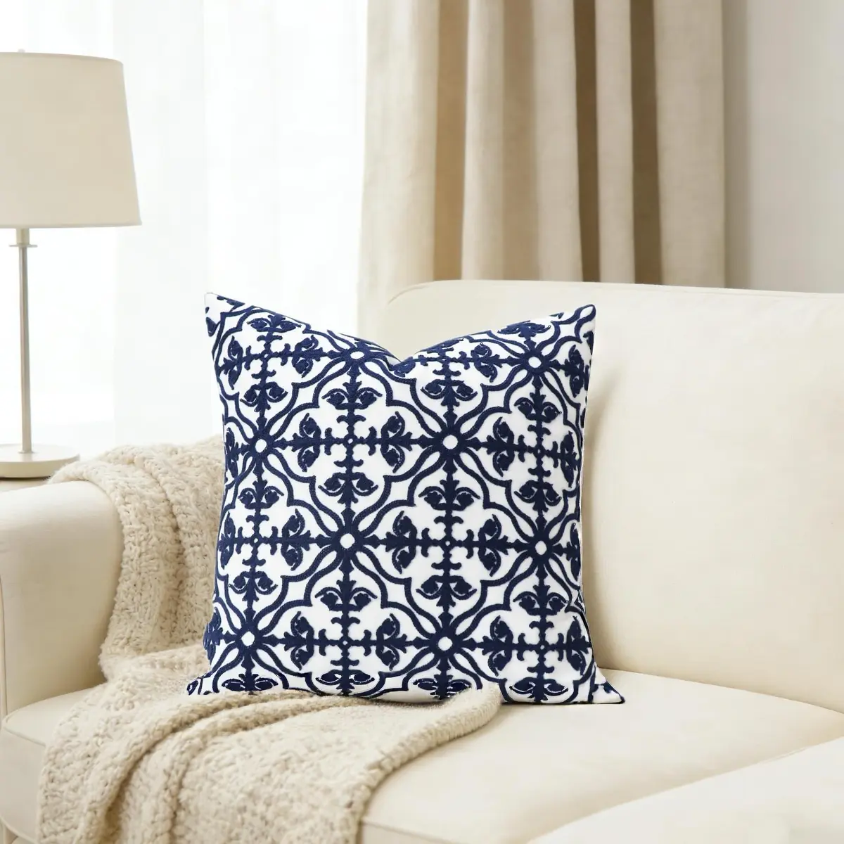 Slow Cow Embroidered Throw Pillow Cover 18 x 18 Inch Navy Blue | Intricate Embroidery, Cotton, Hidden Zipper - view 3