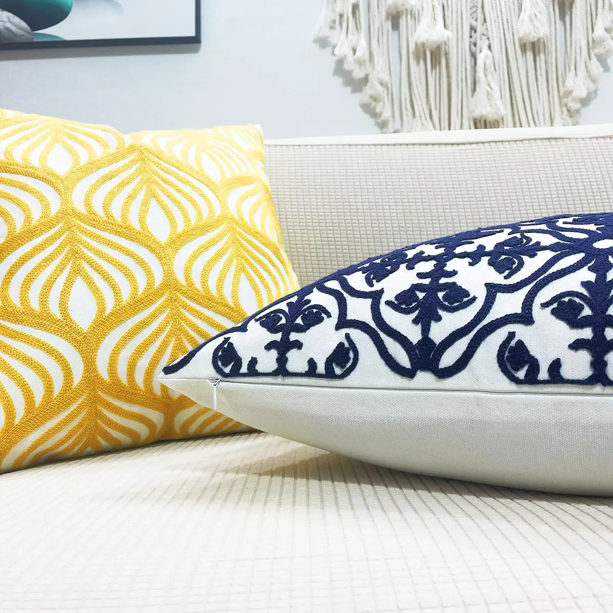 Slow Cow Embroidered Throw Pillow Cover 18 x 18 Inch Navy Blue | Intricate Embroidery, Cotton, Hidden Zipper - view 4