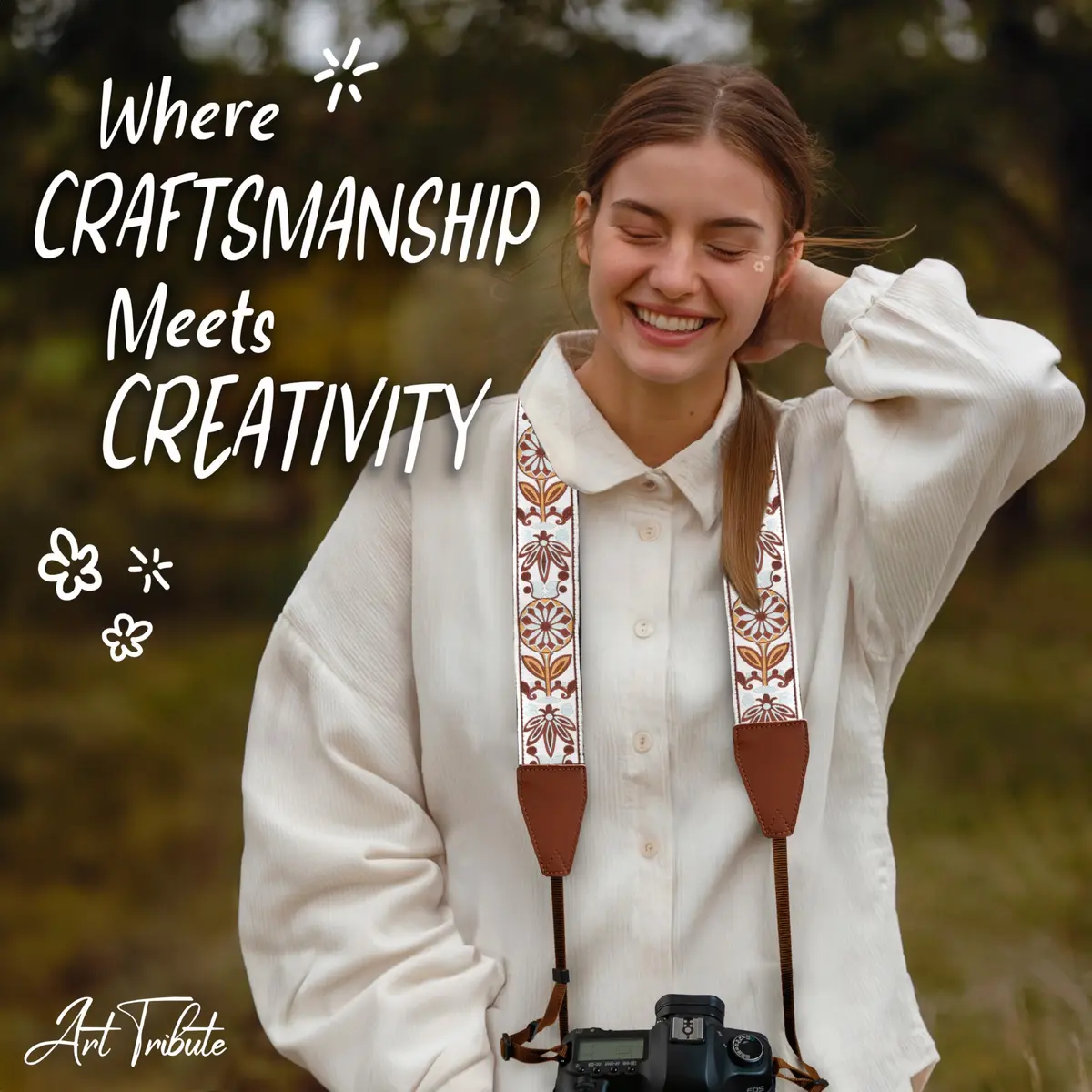 Art Tribute Embroidered Cotton & Leather Camera Strap | Padded Neck, Shoulder & Crossbody for All Cameras - view 8