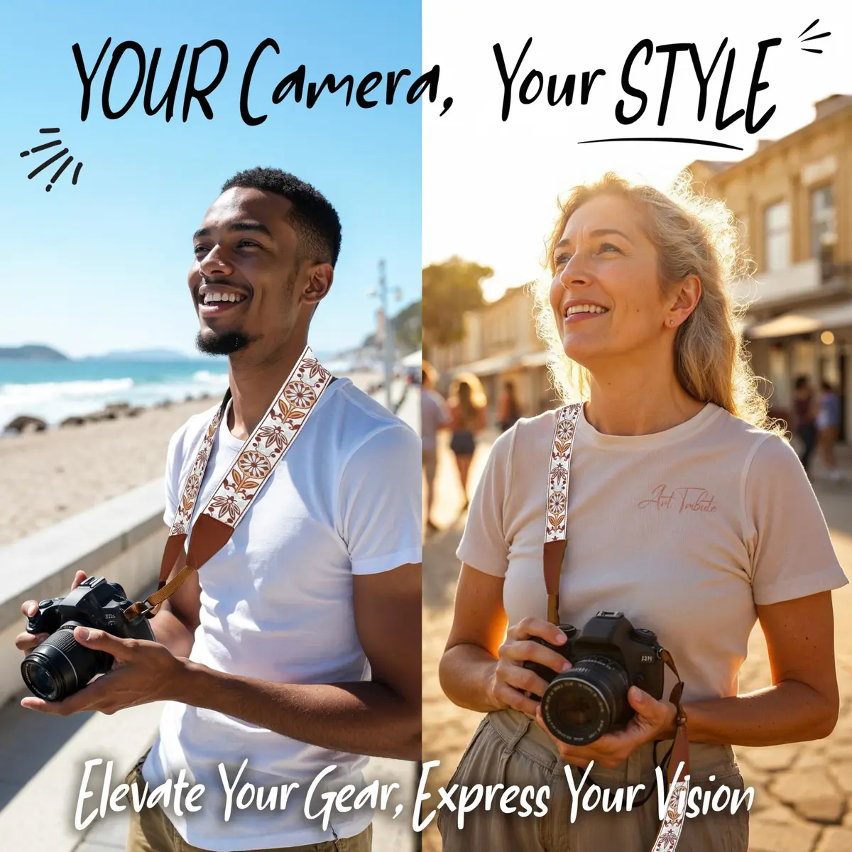 Art Tribute Embroidered Cotton & Leather Camera Strap | Padded Neck, Shoulder & Crossbody for All Cameras - view 2