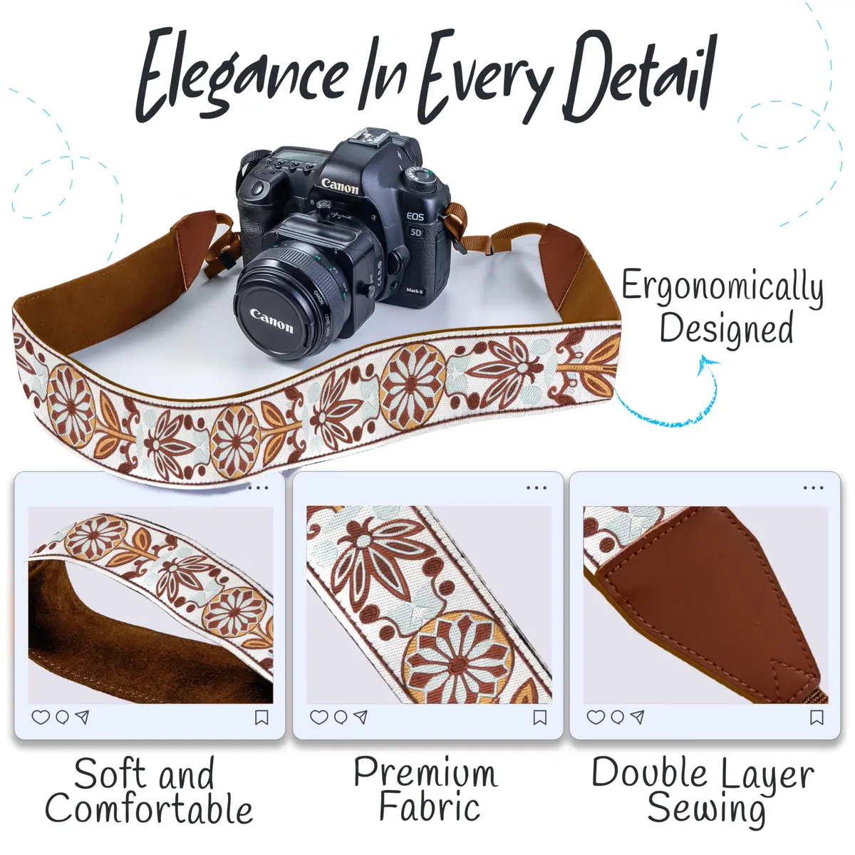 Art Tribute Embroidered Cotton & Leather Camera Strap | Padded Neck, Shoulder & Crossbody for All Cameras - view 3