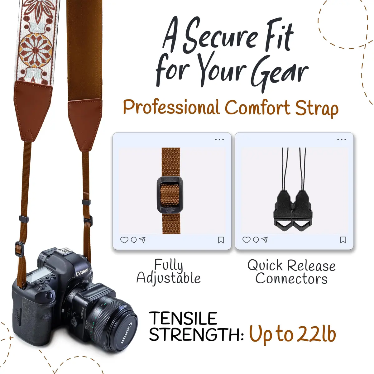 Art Tribute Embroidered Cotton & Leather Camera Strap | Padded Neck, Shoulder & Crossbody for All Cameras - view 4