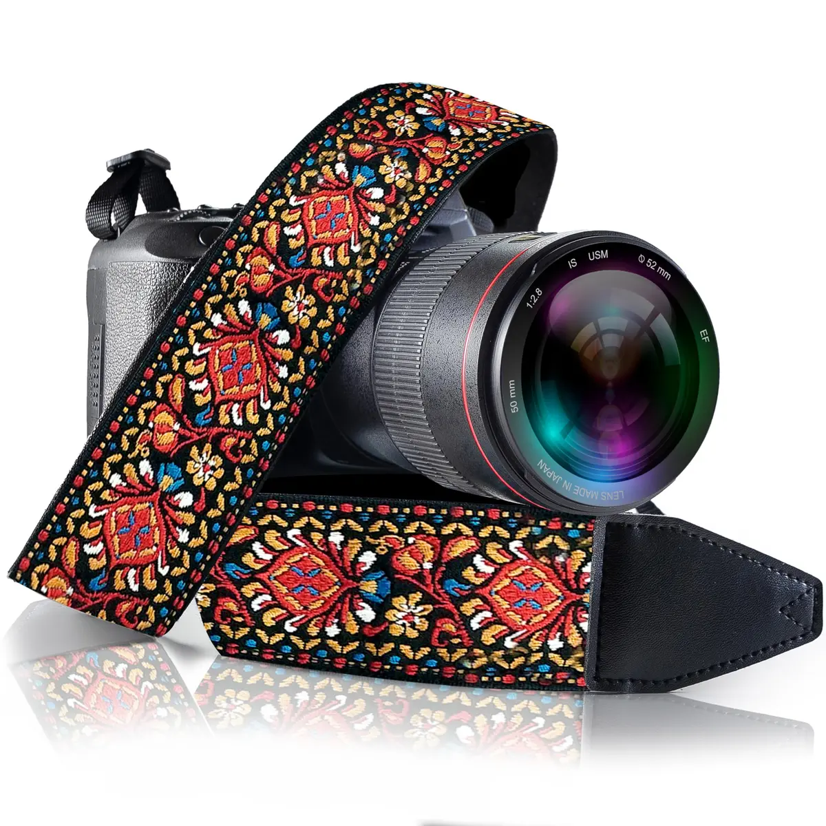 Art Tribute Embroidered Cotton & Leather Camera Strap - Red Woven, Padded Neck, Shoulder & Crossbody Strap for All Cameras | 0.08 kg (0.18 lb) - main product image