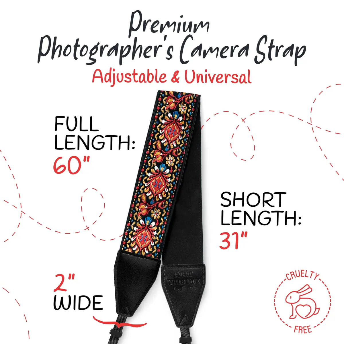 Art Tribute Embroidered Cotton & Leather Camera Strap - Red Woven, Padded Neck, Shoulder & Crossbody Strap for All Cameras | 0.08 kg (0.18 lb) - view 5