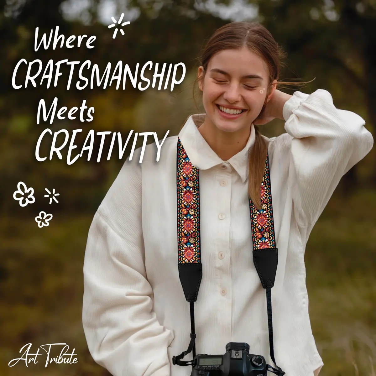 Art Tribute Embroidered Cotton & Leather Camera Strap - Red Woven, Padded Neck, Shoulder & Crossbody Strap for All Cameras | 0.08 kg (0.18 lb) - view 8