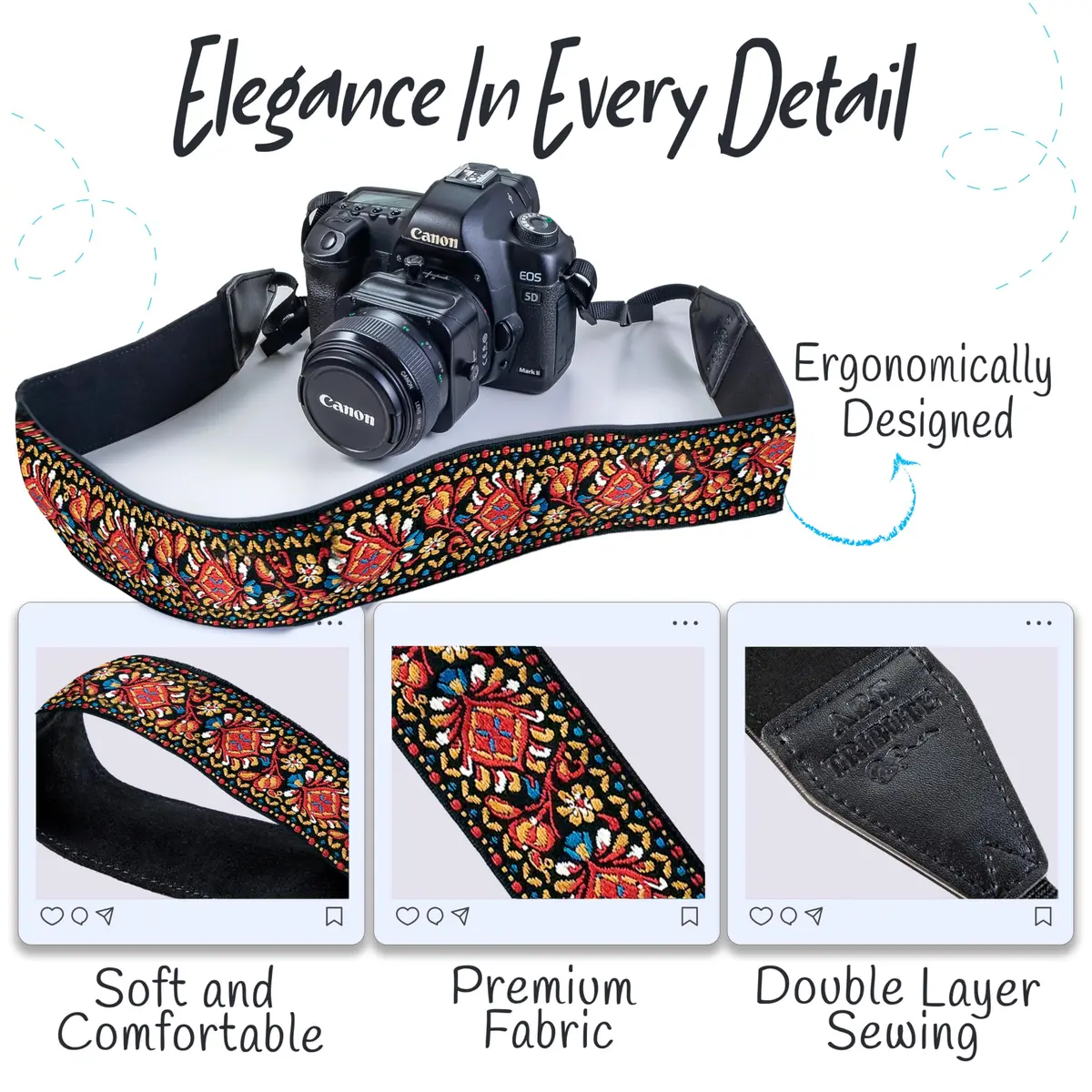 Art Tribute Embroidered Cotton & Leather Camera Strap - Red Woven, Padded Neck, Shoulder & Crossbody Strap for All Cameras | 0.08 kg (0.18 lb) - view 3