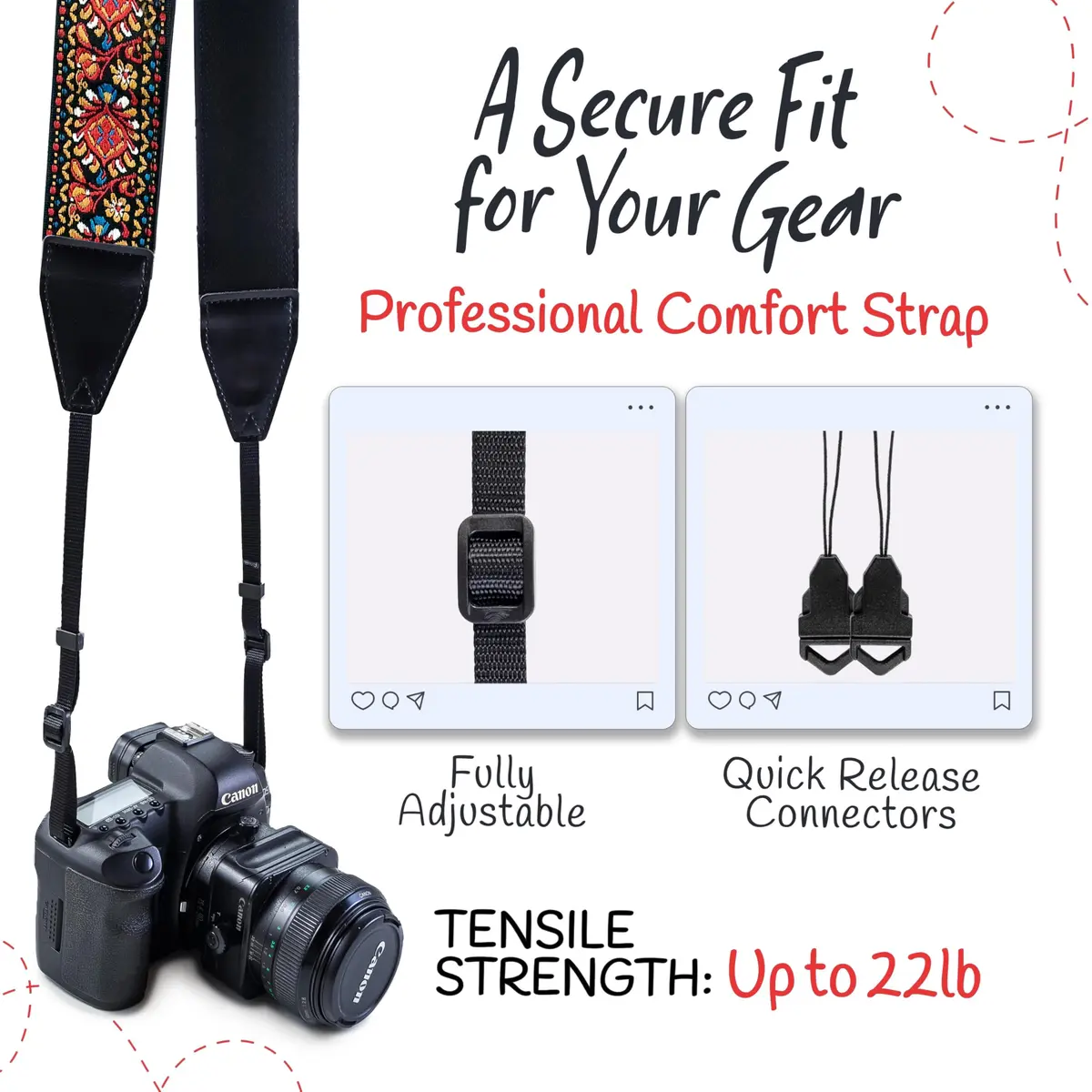Art Tribute Embroidered Cotton & Leather Camera Strap - Red Woven, Padded Neck, Shoulder & Crossbody Strap for All Cameras | 0.08 kg (0.18 lb) - view 4