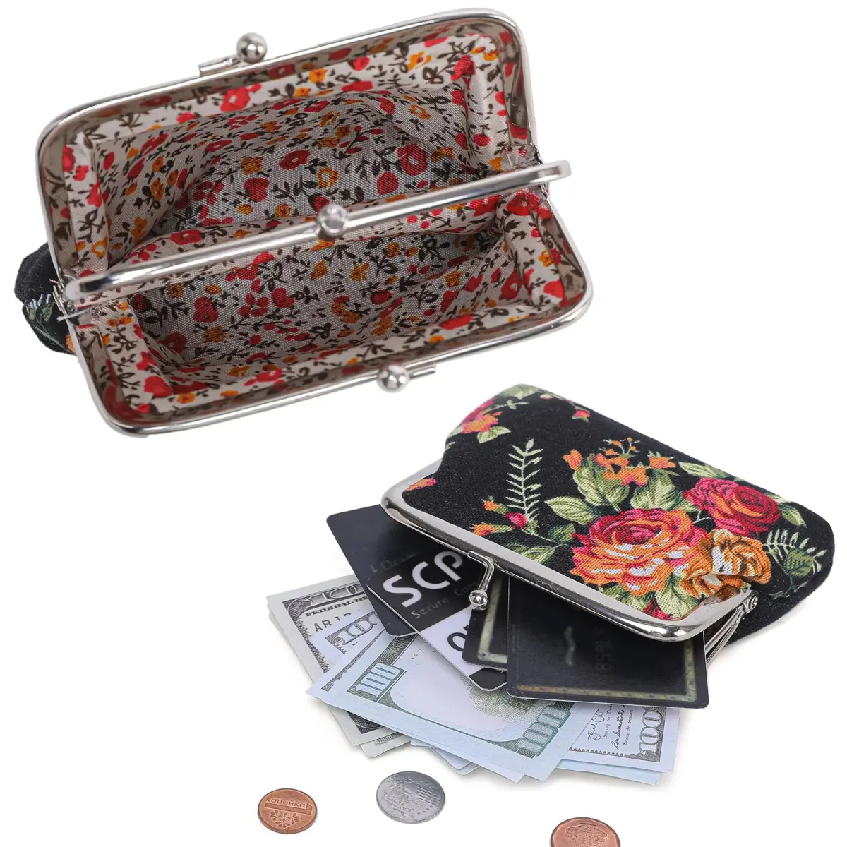 Sanxiner Cute Floral Kiss-Lock Coin Purse with 2 Compartments | Vintage Style Canvas Pouch - view 5