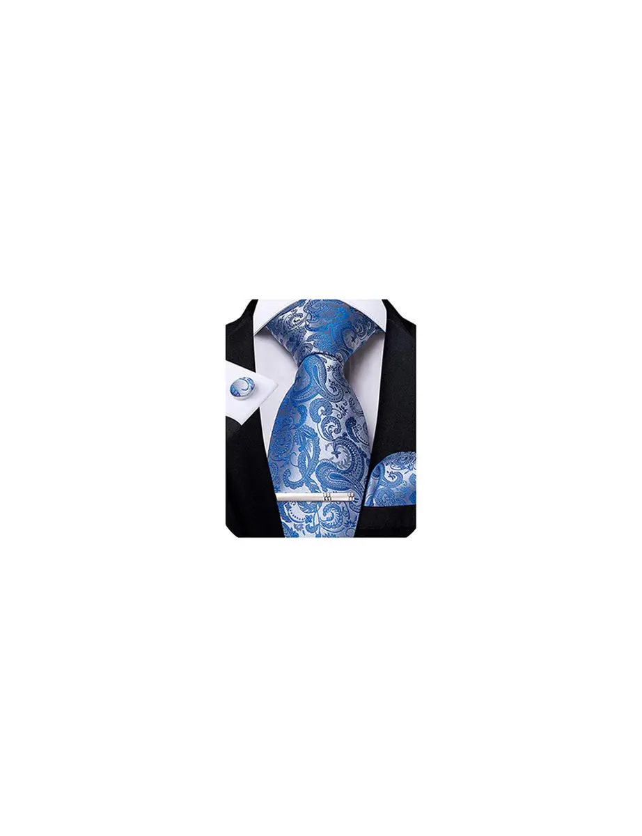 DiBanGu Paisley Silk Necktie and Pocket Square Cufflinks Tie Clip Set for Men | 147 cm (58 inches) x 8 cm (3.15 inches) Light Blue - main product image