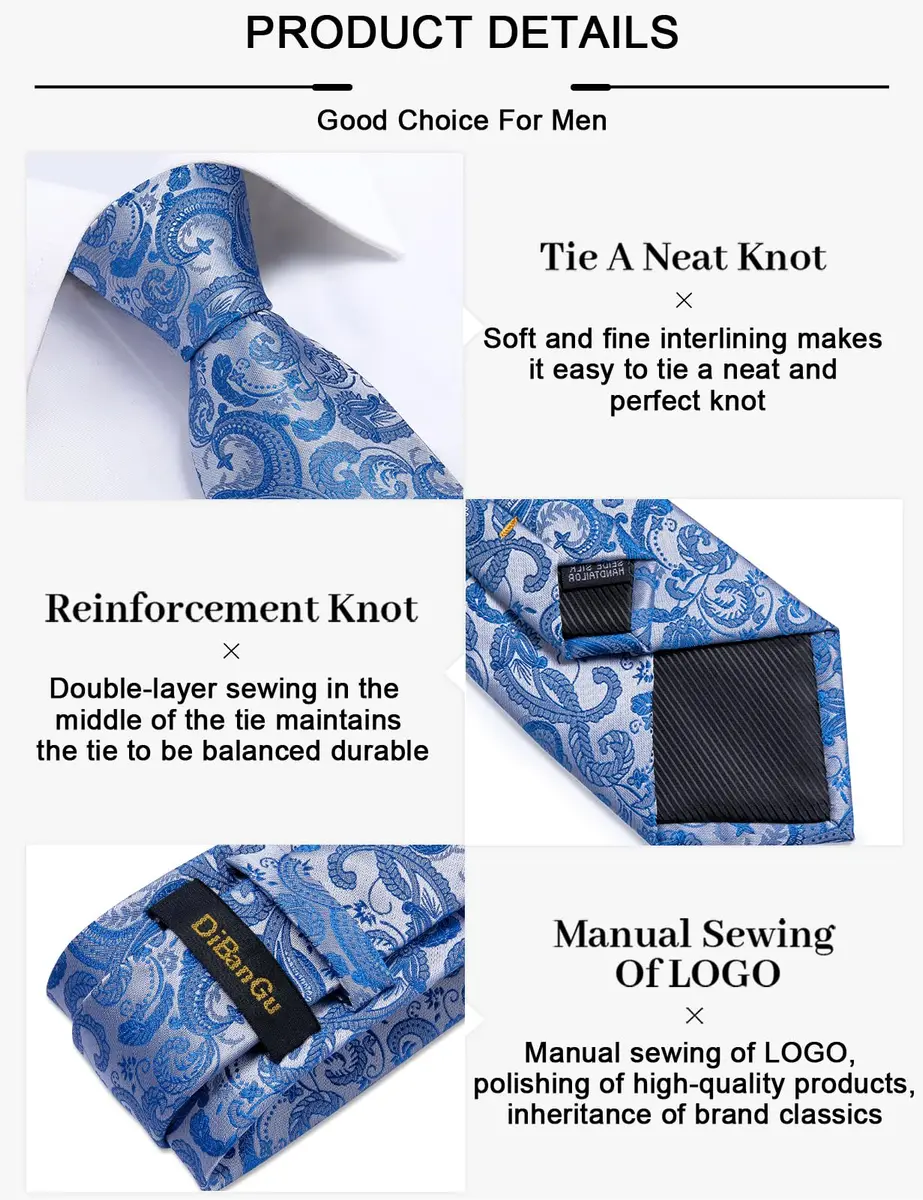 DiBanGu Paisley Silk Necktie and Pocket Square Cufflinks Tie Clip Set for Men | 147 cm (58 inches) x 8 cm (3.15 inches) Light Blue - view 5
