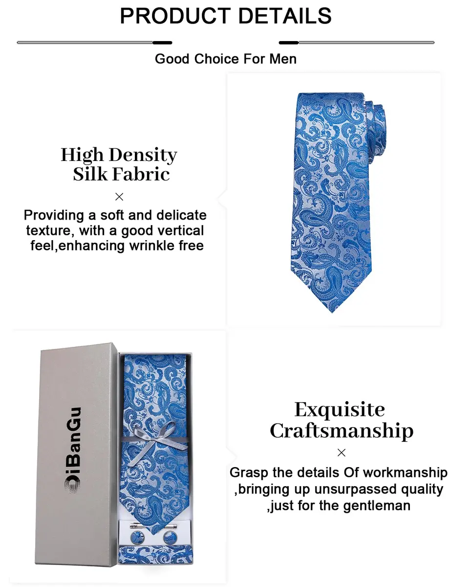 DiBanGu Paisley Silk Necktie and Pocket Square Cufflinks Tie Clip Set for Men | 147 cm (58 inches) x 8 cm (3.15 inches) Light Blue - view 6