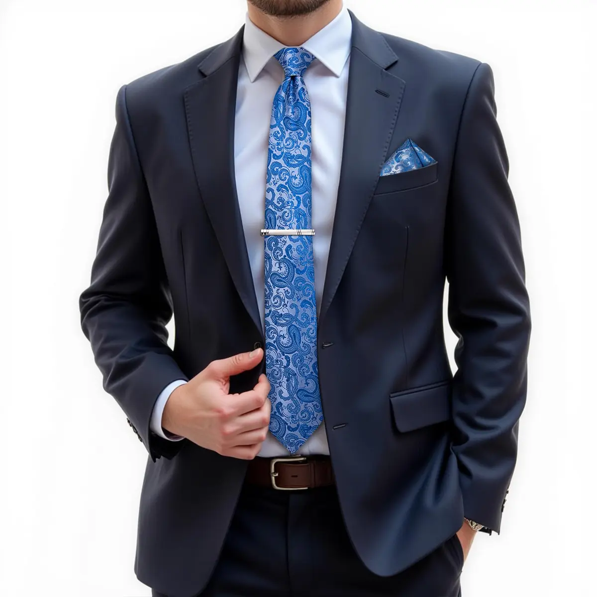 DiBanGu Paisley Silk Necktie and Pocket Square Cufflinks Tie Clip Set for Men | 147 cm (58 inches) x 8 cm (3.15 inches) Light Blue - view 2