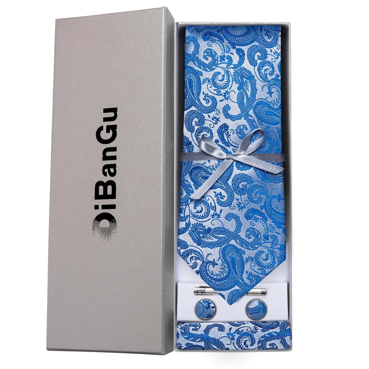 DiBanGu Paisley Silk Necktie and Pocket Square Cufflinks Tie Clip Set for Men | 147 cm (58 inches) x 8 cm (3.15 inches) Light Blue - view 3