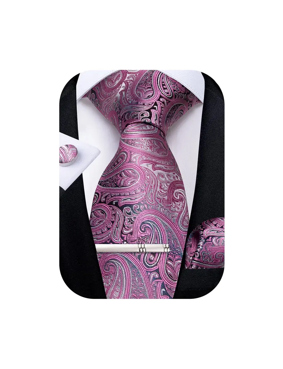 DiBanGu Paisley Silk Necktie & Pocket Square Set | Pink & Grey - main product image
