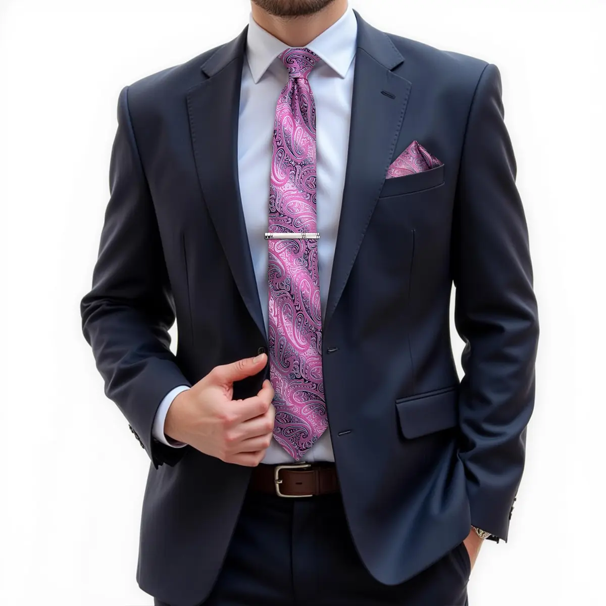 DiBanGu Paisley Silk Necktie & Pocket Square Set | Pink & Grey - view 2
