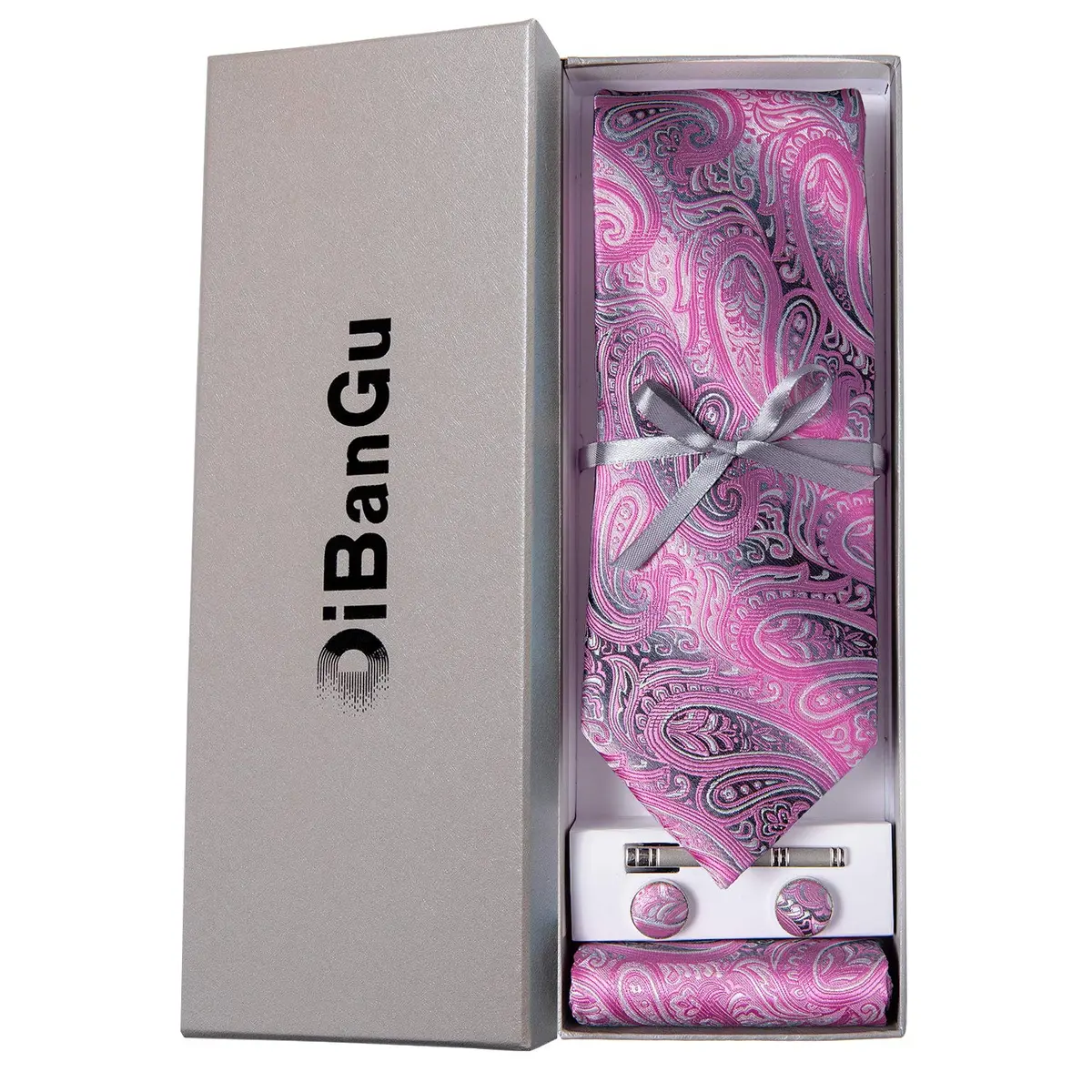 DiBanGu Paisley Silk Necktie & Pocket Square Set | Pink & Grey - view 3