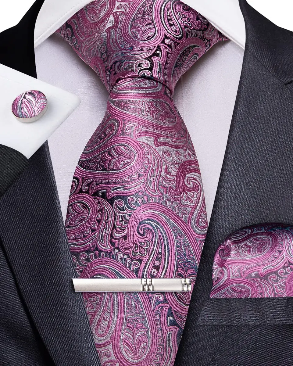 DiBanGu Paisley Silk Necktie & Pocket Square Set | Pink & Grey - view 4