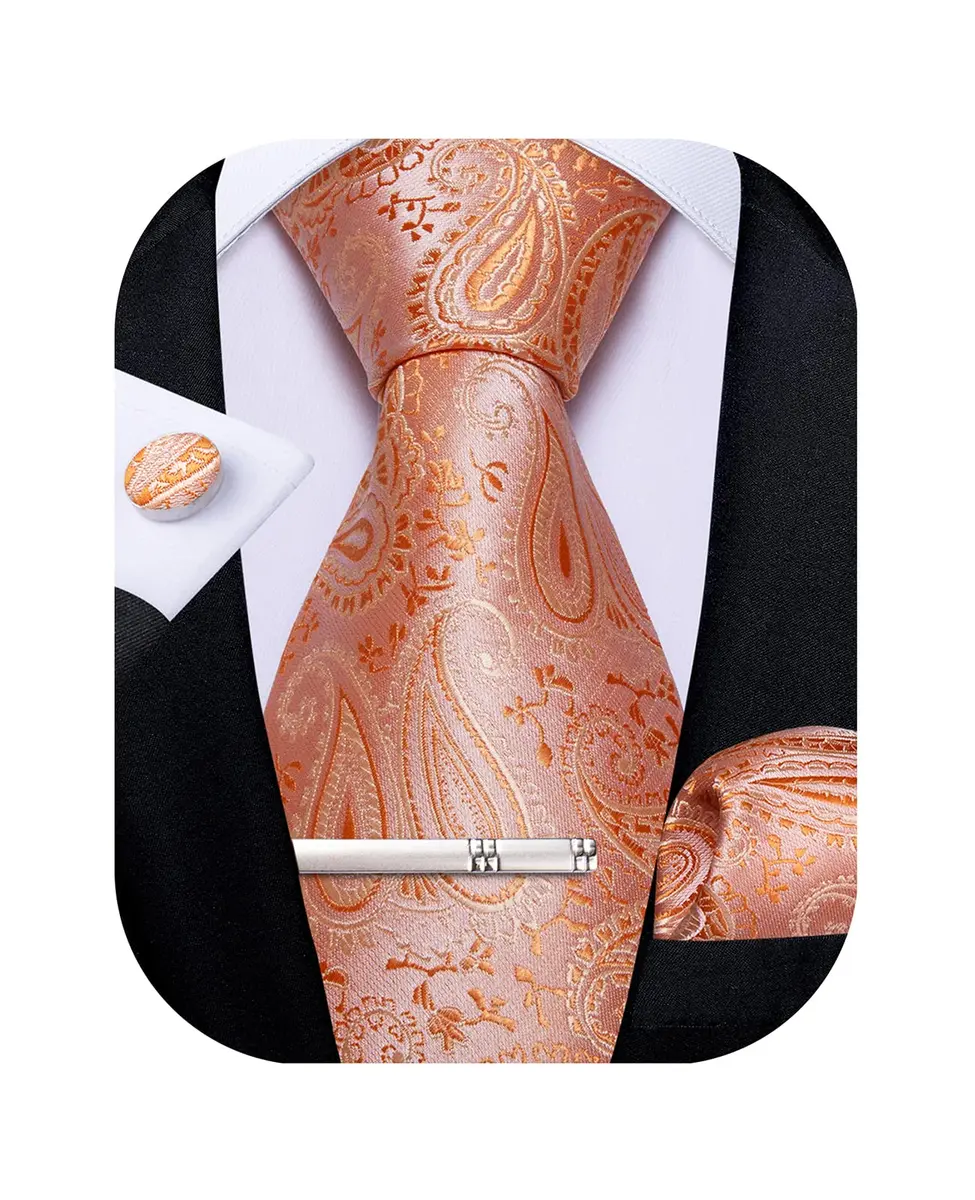 DiBanGu Paisley Silk Necktie and Pocket Square Set with Cufflinks and Tie Clip - Coral Orange (59 inches x 3.15 inches) - main product image