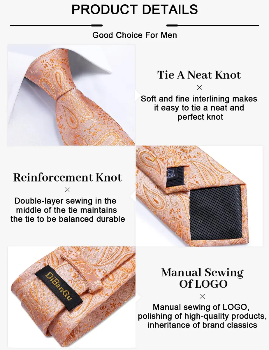 DiBanGu Paisley Silk Necktie and Pocket Square Set with Cufflinks and Tie Clip - Coral Orange (59 inches x 3.15 inches) - view 5