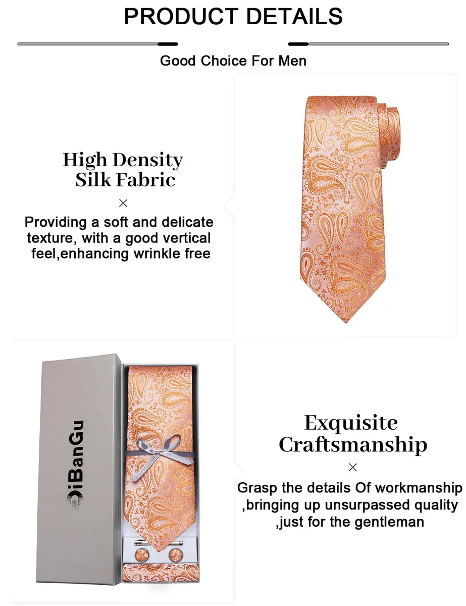 DiBanGu Paisley Silk Necktie and Pocket Square Set with Cufflinks and Tie Clip - Coral Orange (59 inches x 3.15 inches) - view 6