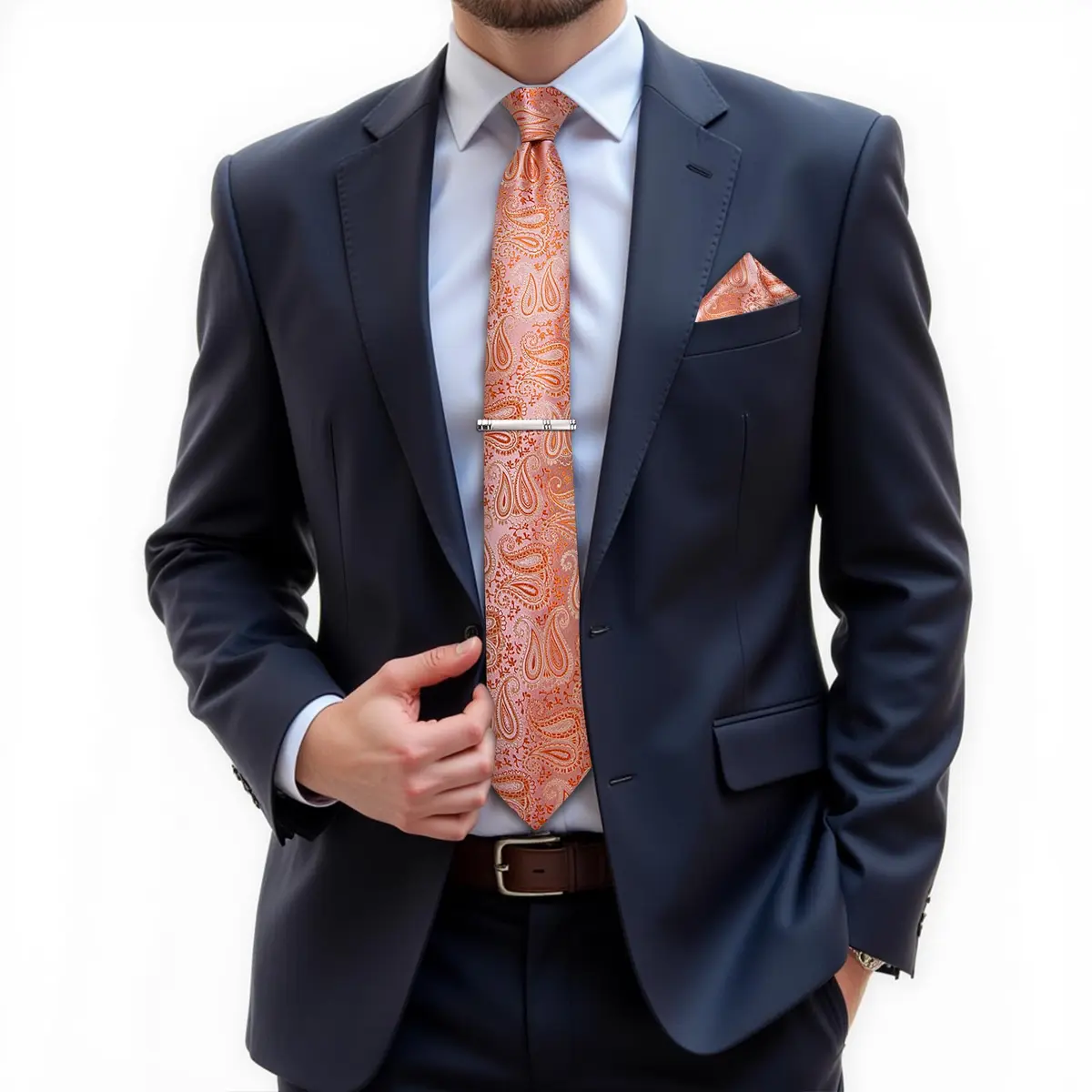 DiBanGu Paisley Silk Necktie and Pocket Square Set with Cufflinks and Tie Clip - Coral Orange (59 inches x 3.15 inches) - view 2