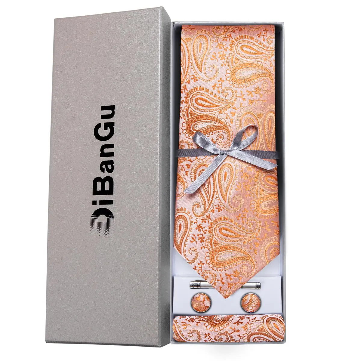 DiBanGu Paisley Silk Necktie and Pocket Square Set with Cufflinks and Tie Clip - Coral Orange (59 inches x 3.15 inches) - view 3