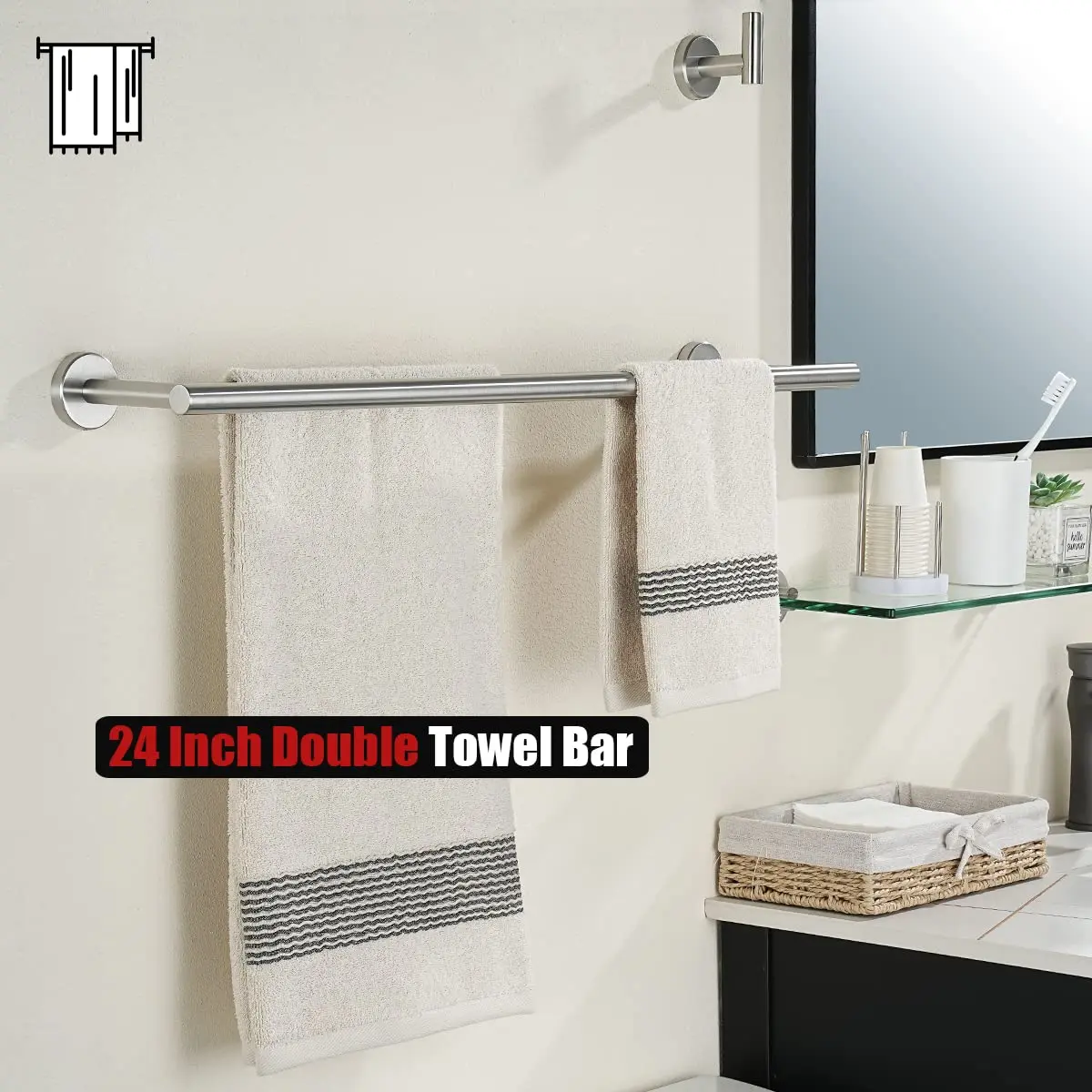 JQK Double Towel Bar 27 Inch (68.9 cm) Brushed Stainless Steel | Wall Mounted Bath Towel Rack with 24 Inch Usable Length - view 5