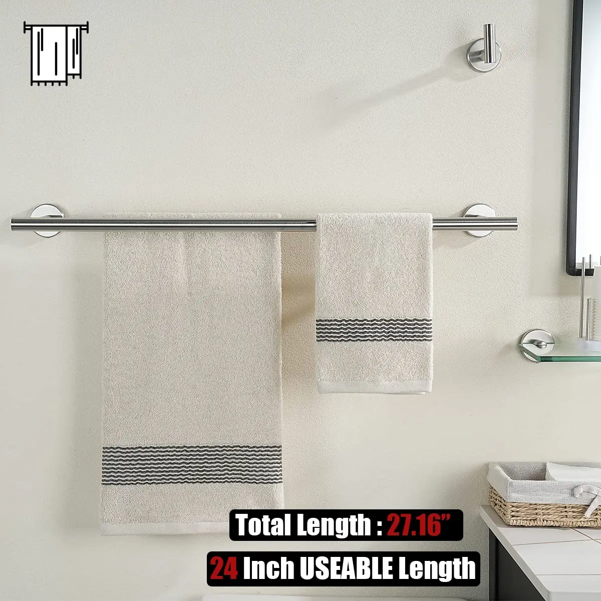 JQK Double Towel Bar 27 Inch (68.9 cm) Brushed Stainless Steel | Wall Mounted Bath Towel Rack with 24 Inch Usable Length - view 3