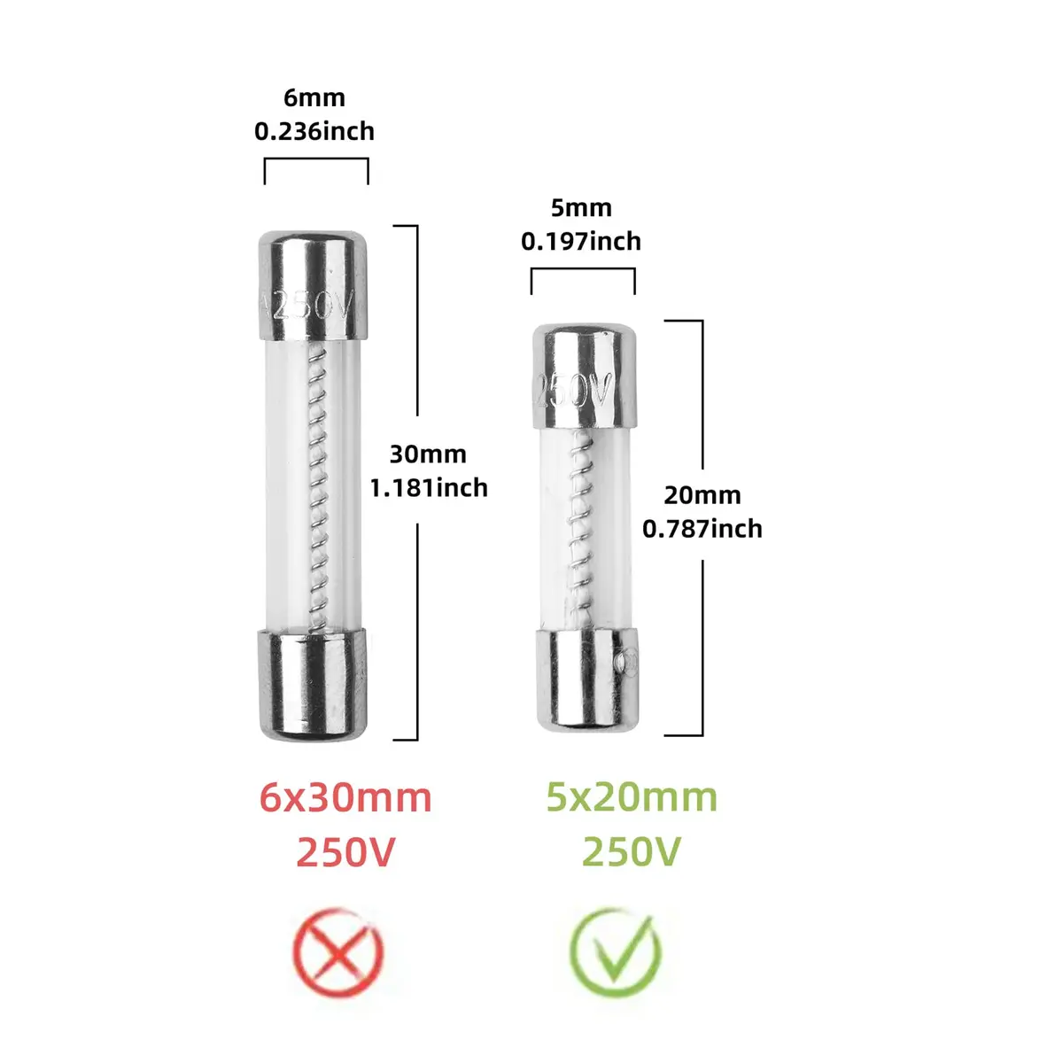 COMPSTUDIO 6.3A 250V Glass Slow Blow Fuse 20x5mm | Time-Delay, 10 Pack - view 2