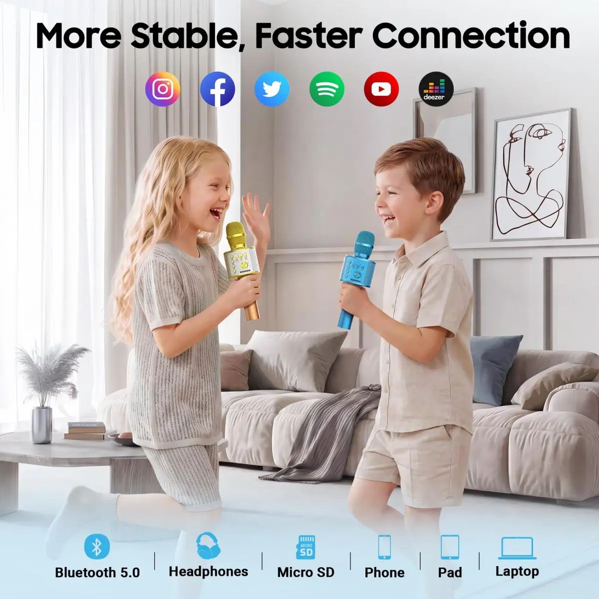 BONAOK Wireless Bluetooth Karaoke Microphone Q37 Blue | Portable Handheld Mic Speaker for Parties & All Smartphones - view 3