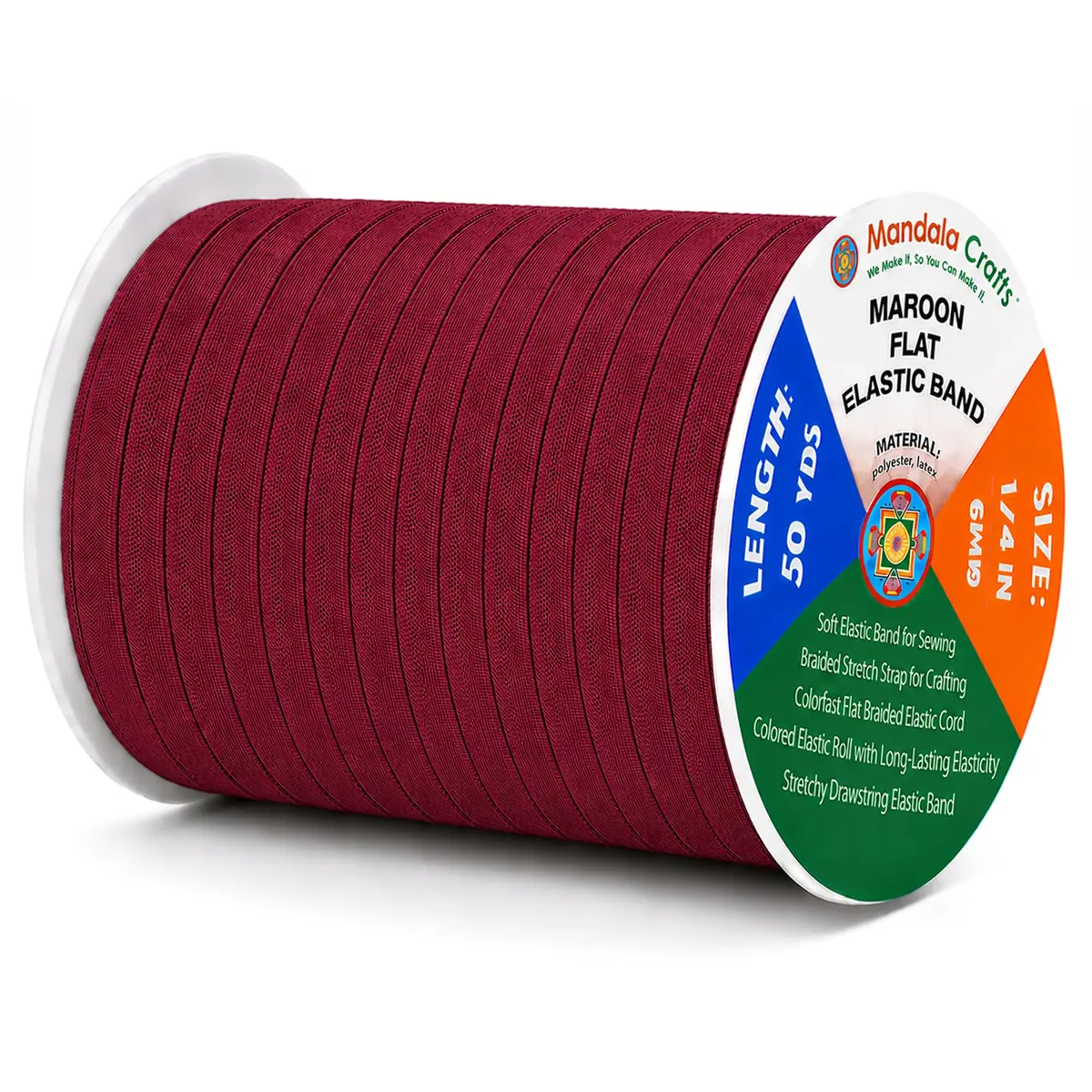 Mandala Crafts 50 Yards ¼ Inch 6mm Maroon Elastic Bands for Sewing | Resilient & Soft Flat Elastic Cord - main product image