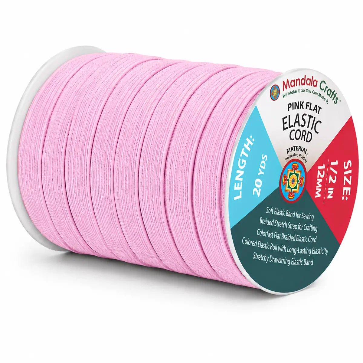 Mandala Crafts Pink Elastic Band 20 Yards 12mm | Resilient, Soft & Versatile for Sewing & Crafts - main product image