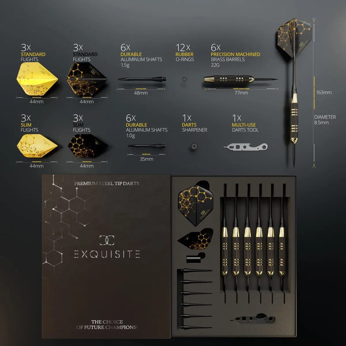 CC-Exquisite Premium Steel Tip Darts Set - Brass Barrels, Metal Tips, 12 Shafts, Flights, Dart Tool & Case - view 7