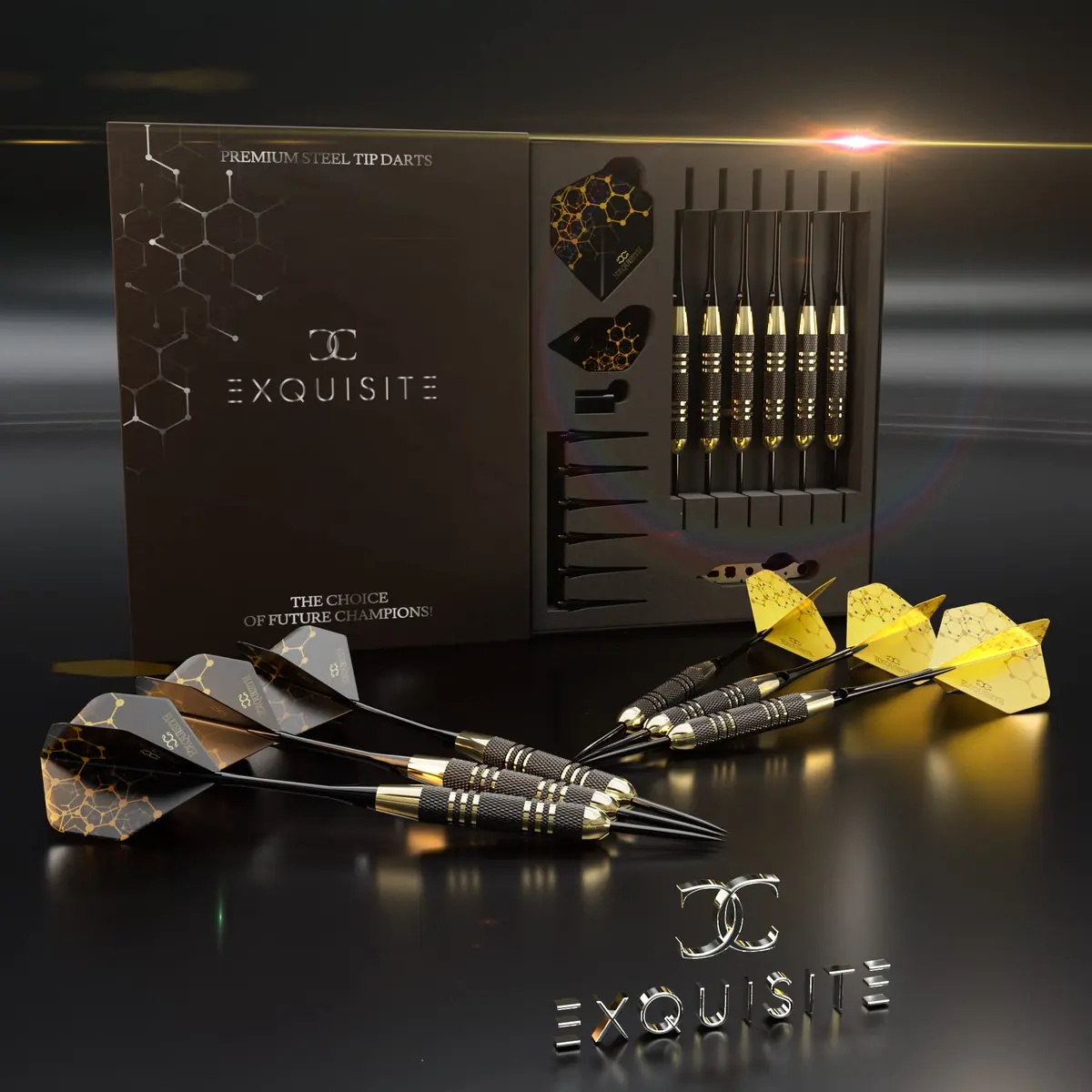 CC-Exquisite Premium Steel Tip Darts Set - Brass Barrels, Metal Tips, 12 Shafts, Flights, Dart Tool & Case - view 3