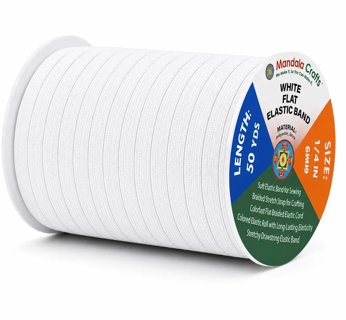 Mandala Crafts 50 Yards ¼ Inch 6mm White Elastic Bands for Sewing | Resilient & Soft Flat Elastic Cord - main product image