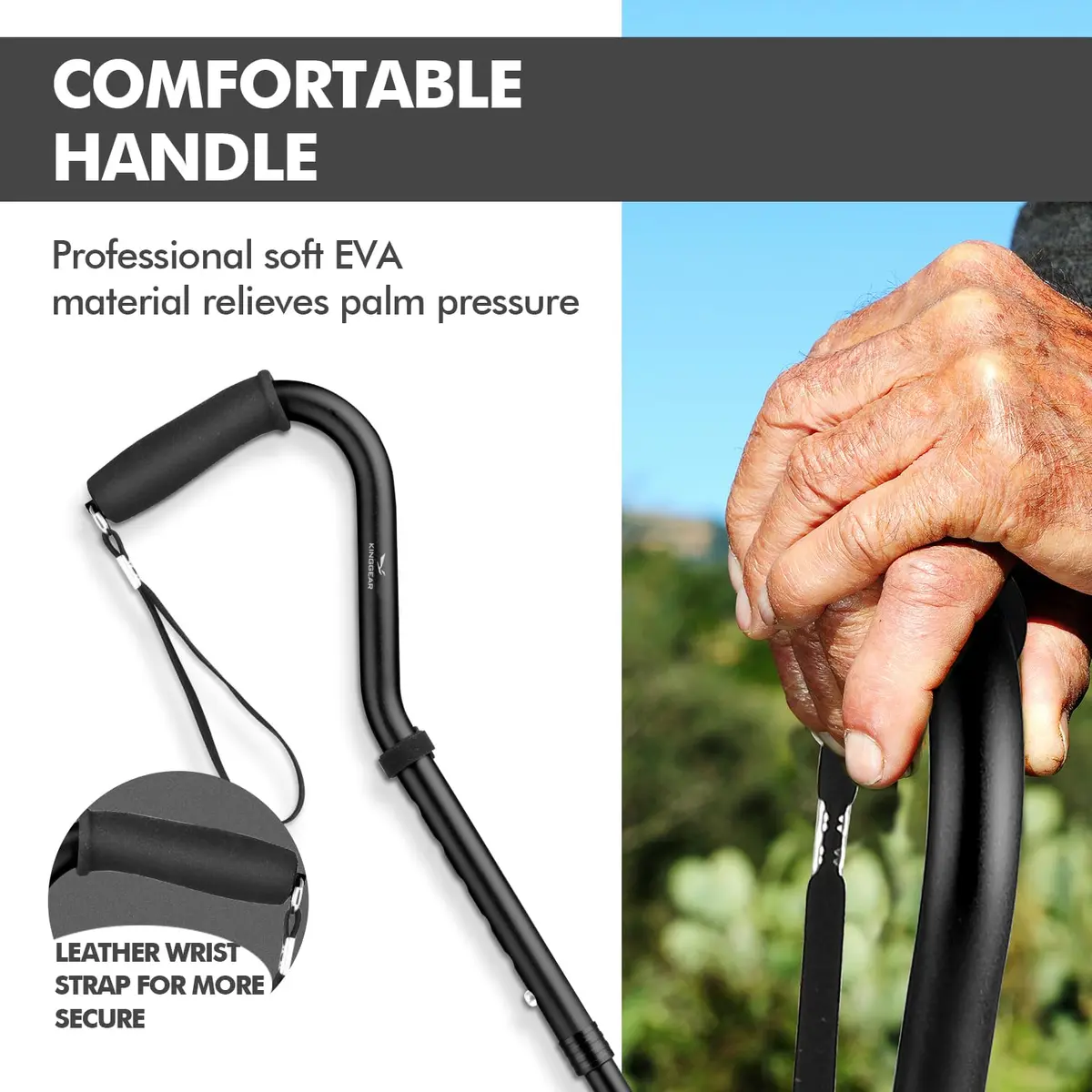 KINGGEAR Folding Walking Cane with Offset Handle & Quad Base, 31-36 inch Adjustable Height | Self-Standing Mobility Aid - view 4