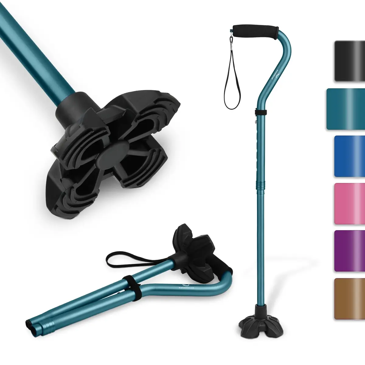 KINGGEAR Self Standing Quad Cane with Offset Handle & Strap | 31-36 inch Adjustable Height, 300 lb Capacity - main product image