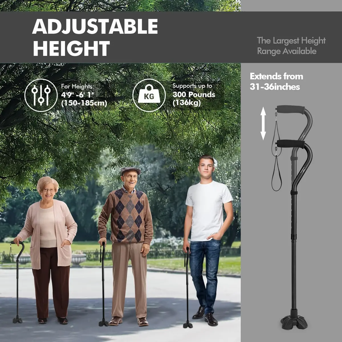 KINGGEAR Self Standing Quad Cane with Offset Handle & Strap | 31-36 inch Adjustable Height, 300 lb Capacity - view 6