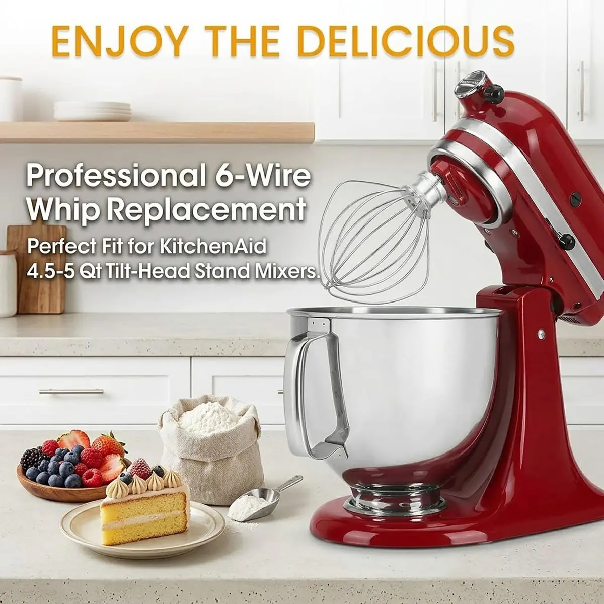 TIZZE 6-Wire Whisk Attachment for KitchenAid Tilt-Head Mixers 4.5QT/5QT | Aluminum Head with Stainless Steel Wires - view 2