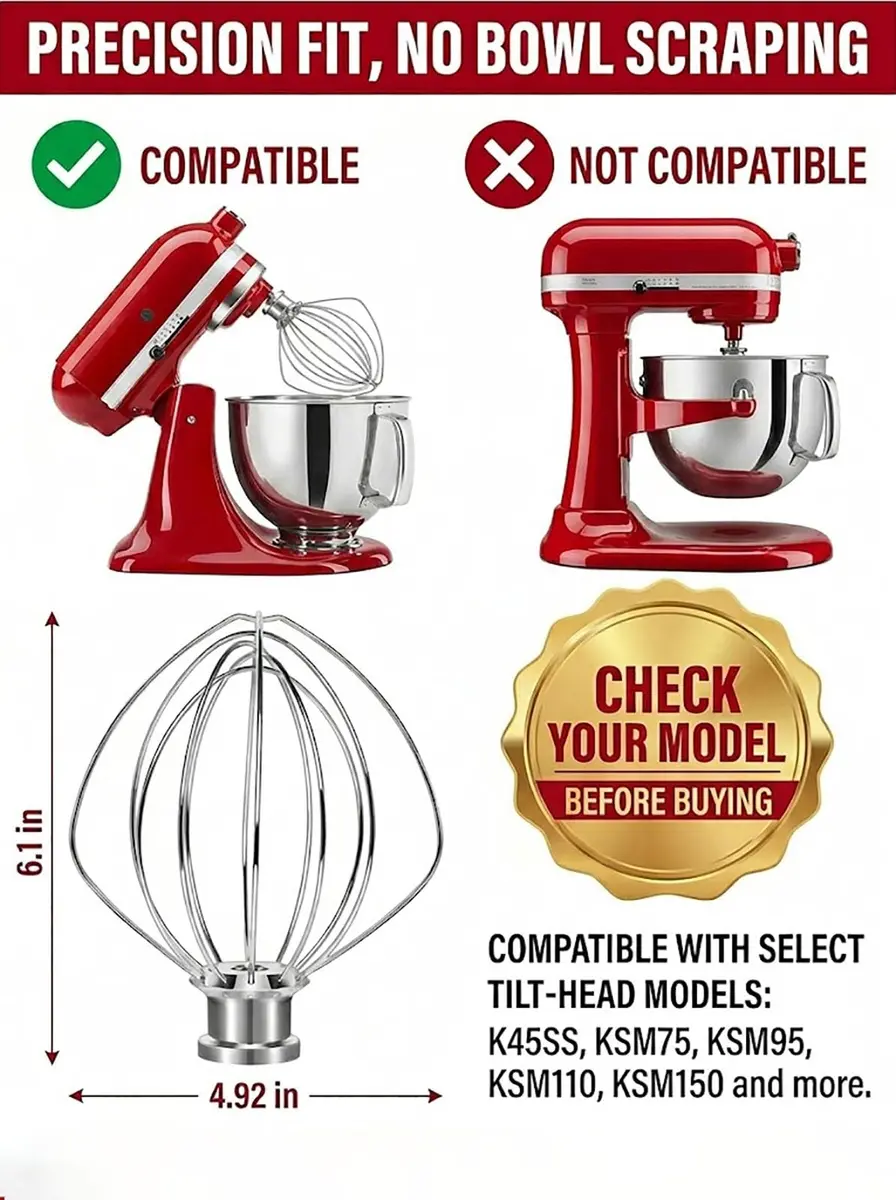 TIZZE 6-Wire Whisk Attachment for KitchenAid Tilt-Head Mixers 4.5QT/5QT | Aluminum Head with Stainless Steel Wires - view 4