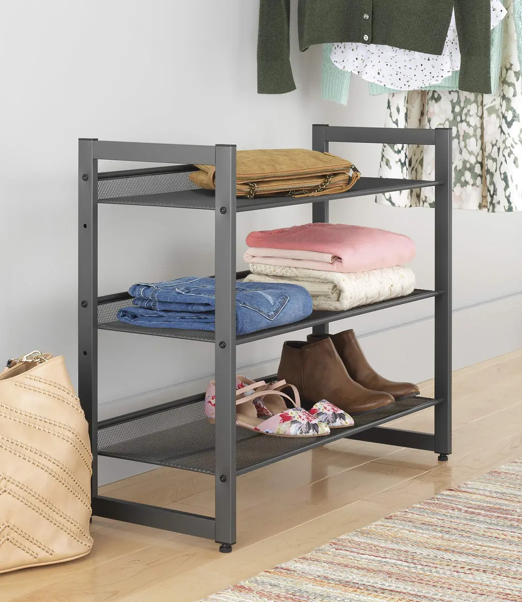 Whitmor 3-Tier Steel Mesh Shoe Rack 29.38" W x 12" D x 24.63" H | Adjustable Metal Shoe Organizer with Lipped Edge - view 2