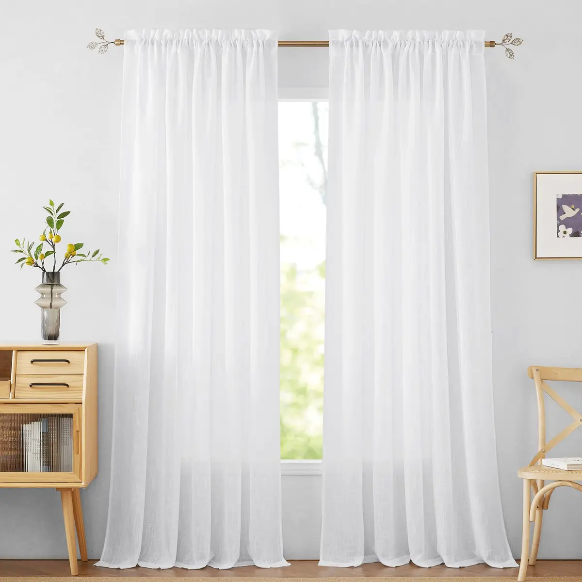 RYB HOME White Semi Sheer Curtains 52"W x 84"L | Elegant Linen Look for Living Room - main product image