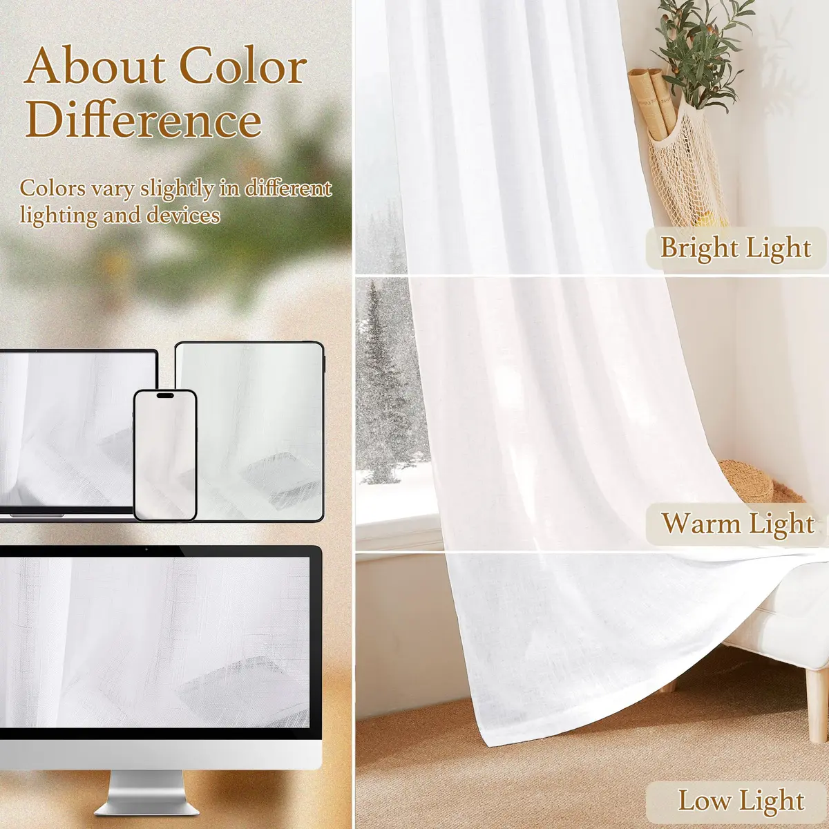 RYB HOME White Semi Sheer Curtains 52"W x 84"L | Elegant Linen Look for Living Room - view 6