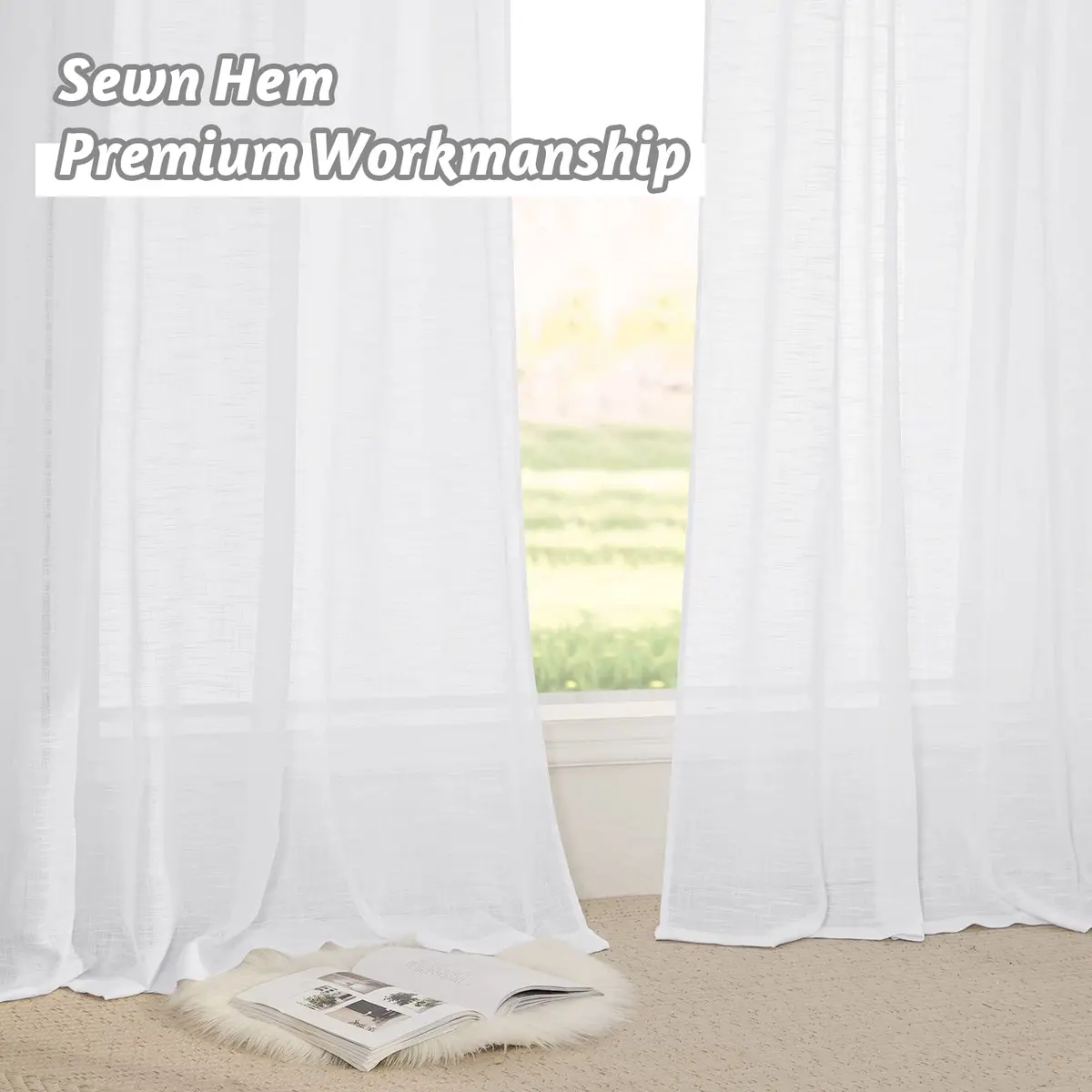 RYB HOME White Semi Sheer Curtains 52"W x 84"L | Elegant Linen Look for Living Room - view 8