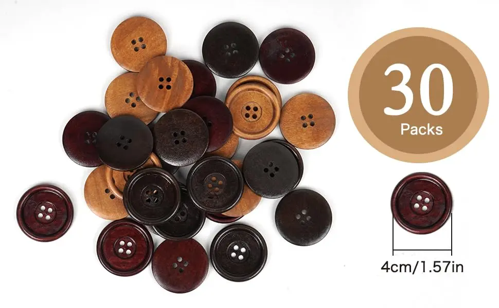 Chenkou Craft 30pcs 40mm Round Wood Buttons | Big Size Craft Sewing Buttons - view 4