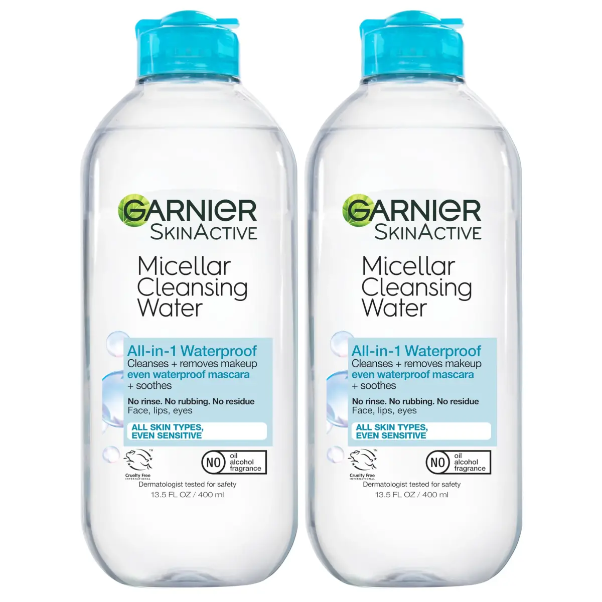 Garnier Micellar Cleansing Water for Waterproof Makeup, Hydrating Facial Cleanser & Makeup Remover, 400mL (13.5 Fl Oz) x 2 | Vegan, Cruelty-Free - main product image