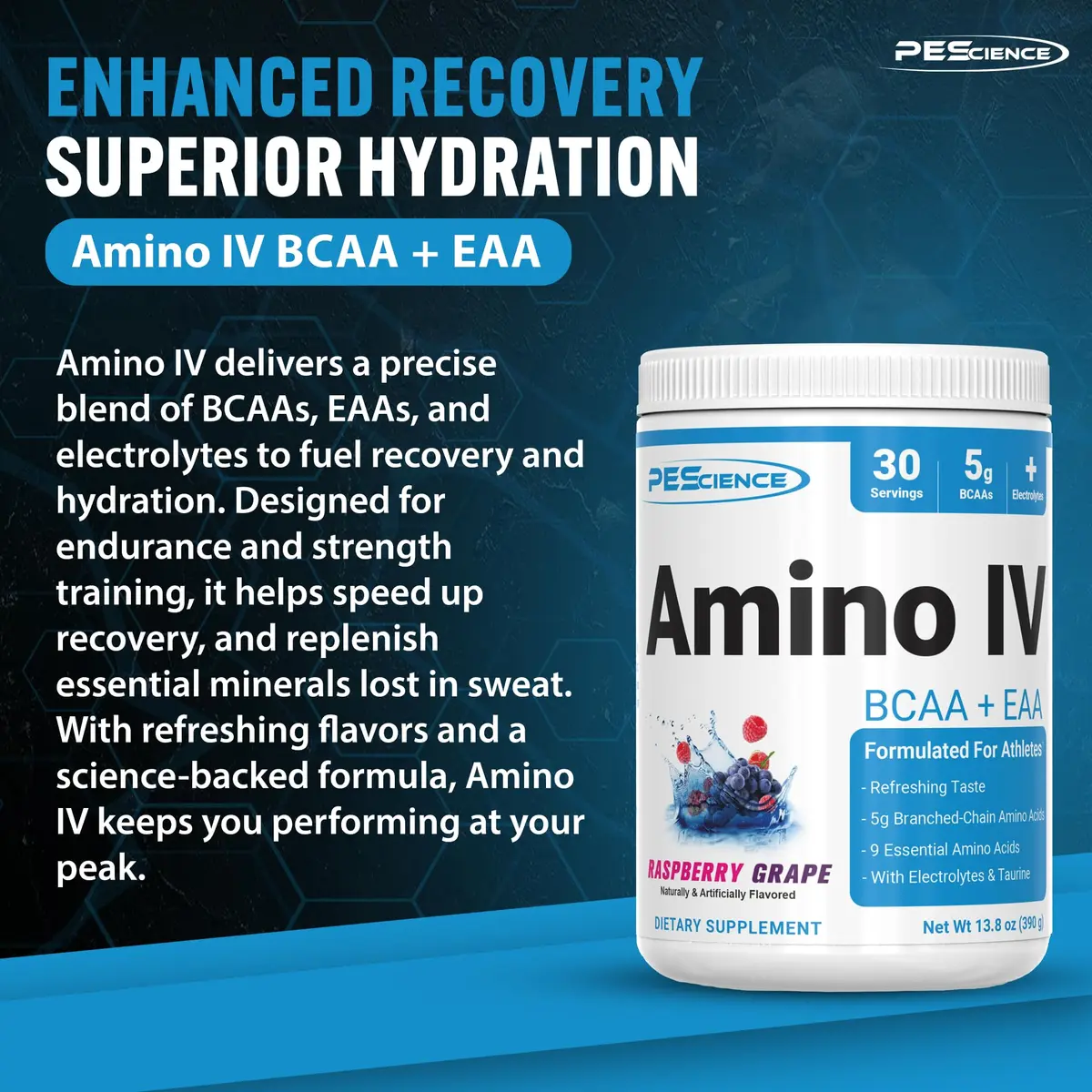 PEScience Amino IV BCAA & EAA Powder, Raspberry Grape | Complete Amino Acid & Electrolyte Support for Muscle Recovery - view 4