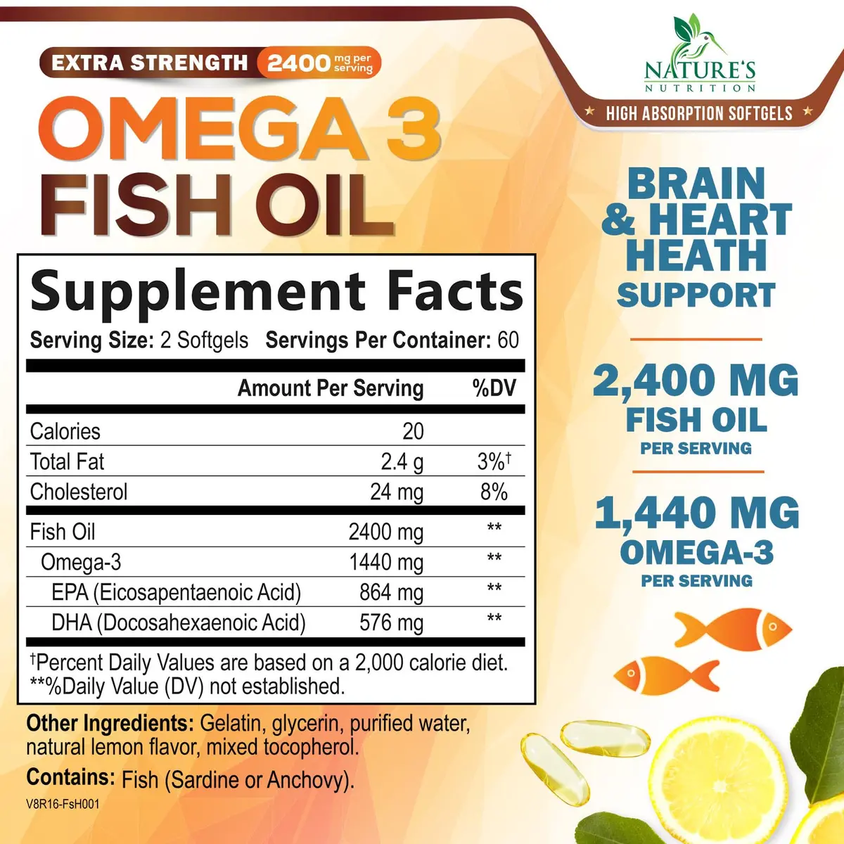 Nature's Nutrition Omega 3 Fish Oil 2400mg | Triple Strength Daily Supplement with EPA & DHA (120 Softgels) - view 2